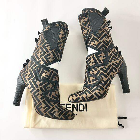Fendi Lycra Vitello FF Logo Tape Promenade Heeled Boots 38 - Picture 9 of 9